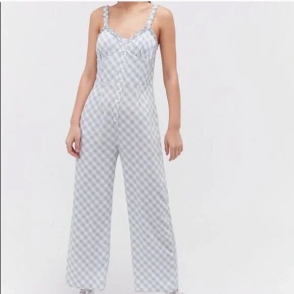 Urban Outfitters Sky Blue Ivory Gingham Print Elastic Spaghetti Strap Jumpsuit - Picture 3 of 14